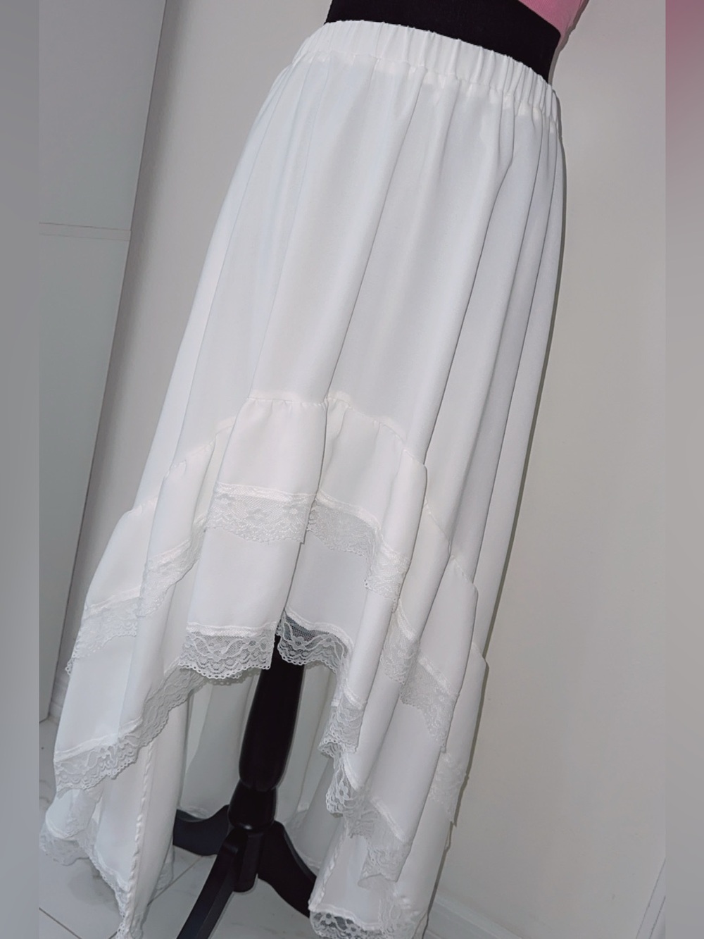 White Lace-Trim High-Low Maxi Skirt